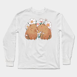 Capybaras in love with flowers Long Sleeve T-Shirt